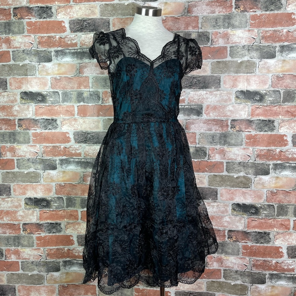 Voodoo Vixen Retro Pin Up 50s May Teal Lace Overlay Taffeta Dress - Picture 3 of 8
